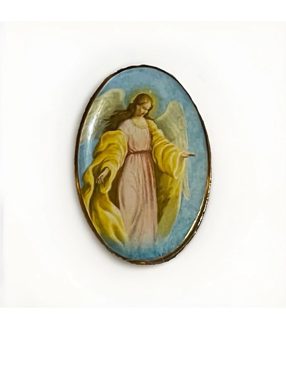 Vtg Guardian Angel Enamel Brooch Lapel Pin Oval Gold Tone Religious Christian
